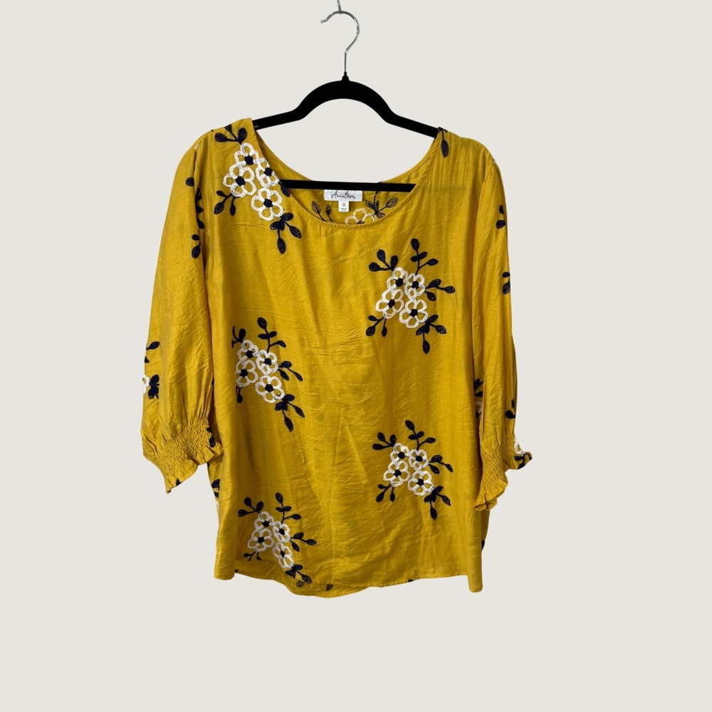Anneliese Embroidered Floral Blouse Yellow  3X Cottagecore Boho Fall Layering